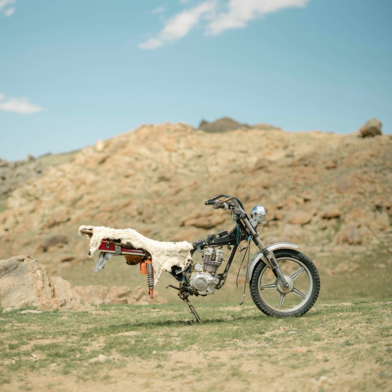 The front end of a motorbike, with the rear tire missing. 
