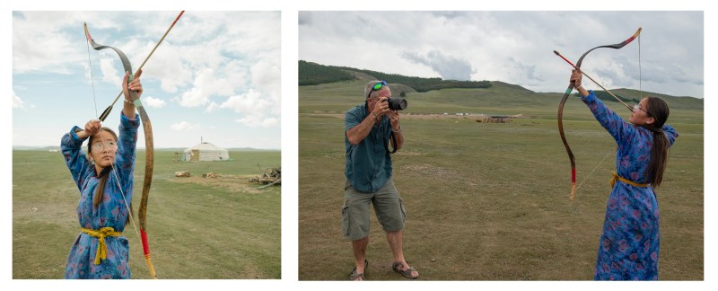 Two photographs side by side. The first shows a Mongolian woman drawing an arrow. The second shows the same woman being photographed, with the photographer in the image. 