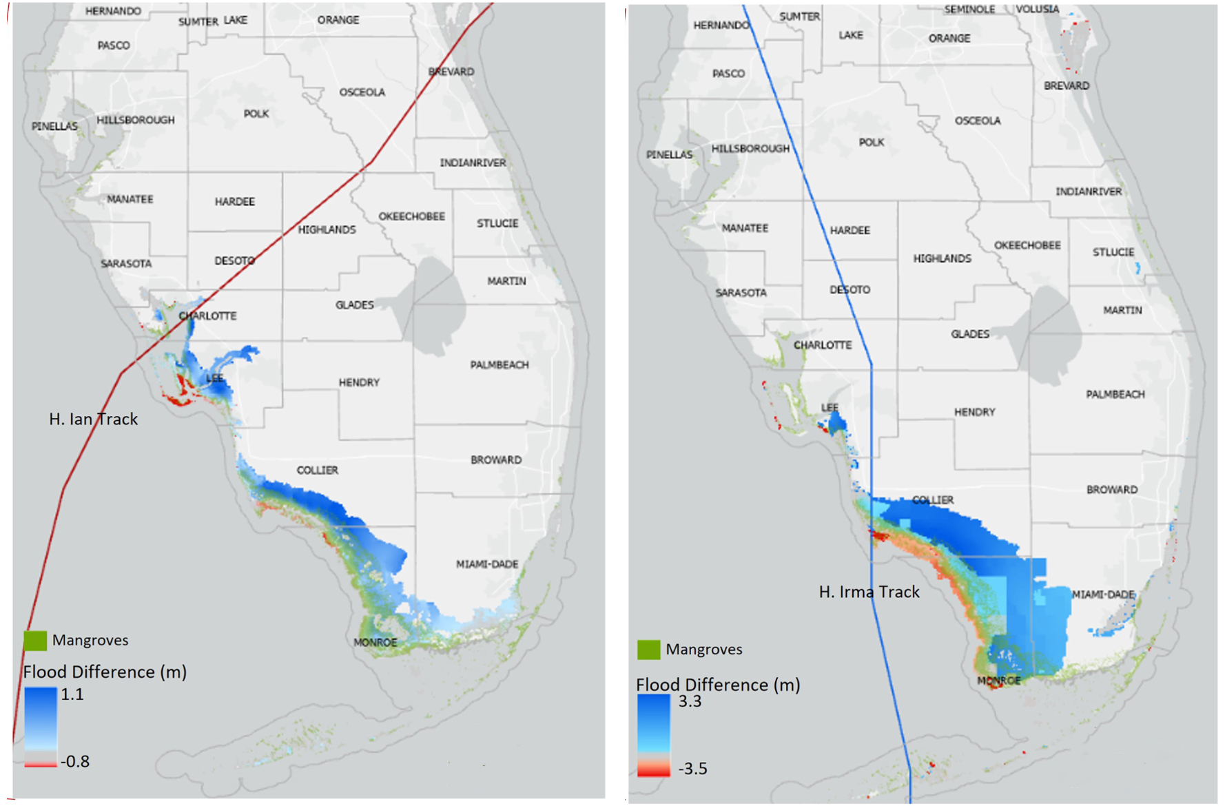 Maps showing peninsula of Florida and marking flood differences in colors.