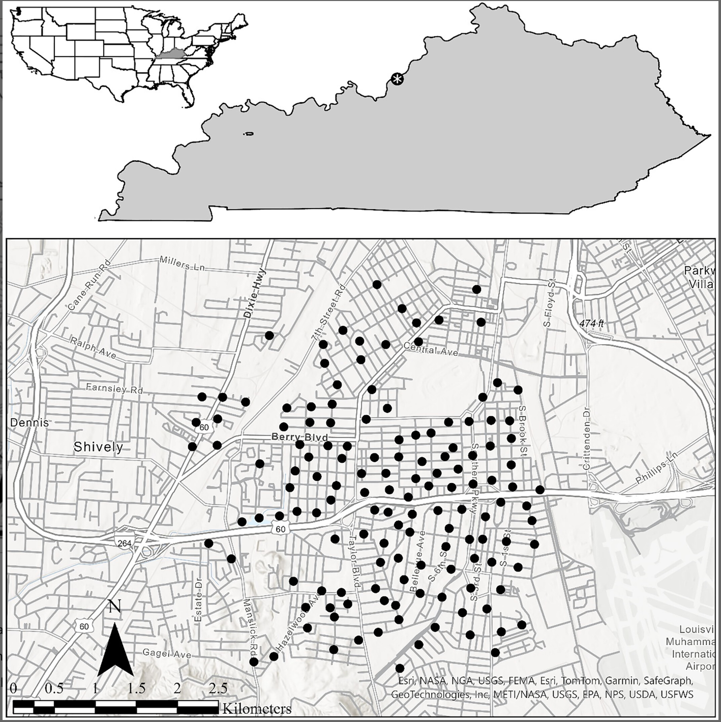 Map showing US, Kentucky, and locations of measurement sites in Louisville