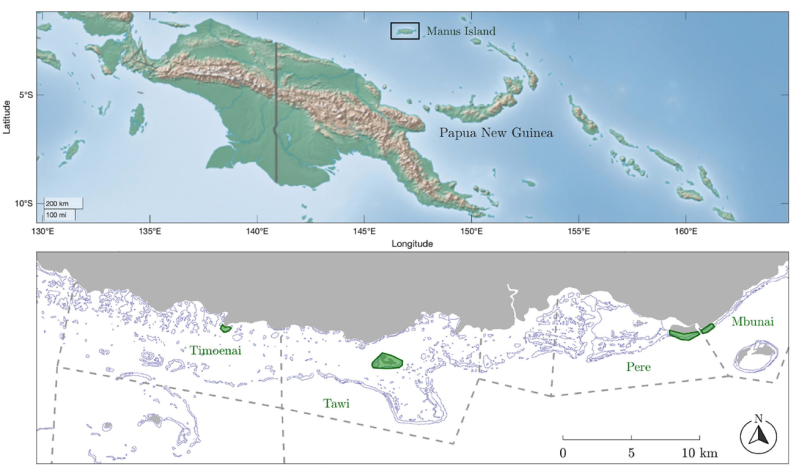 A map of Papua New Guinea showing the location of Manus Island. Below, a close-up map of the no-take areas in the study.