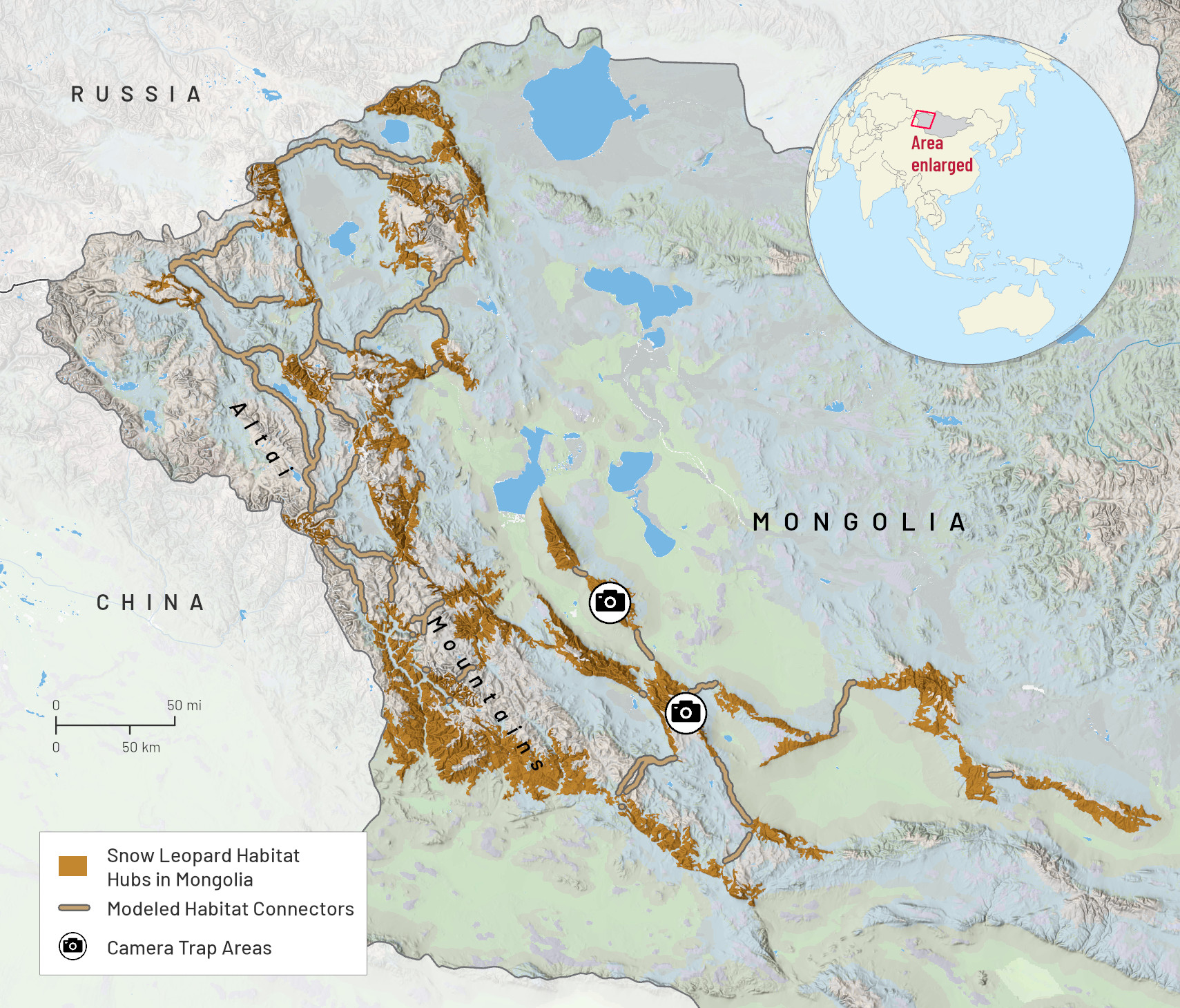 Map showing snow leopard habitat range in Mongolia and markers showing general locations of camera traps.