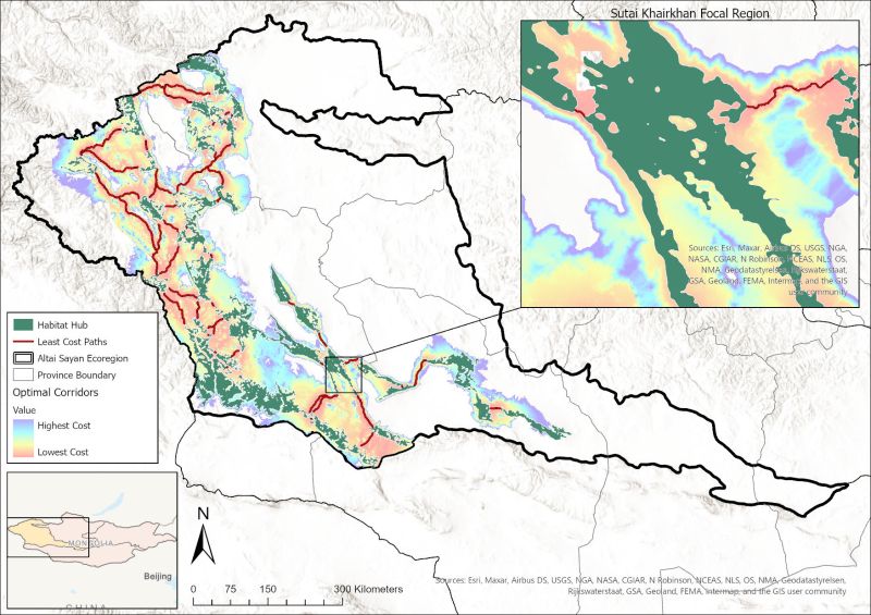 A map of Mongolia with snow leopard habitat corridors depicted in different colors